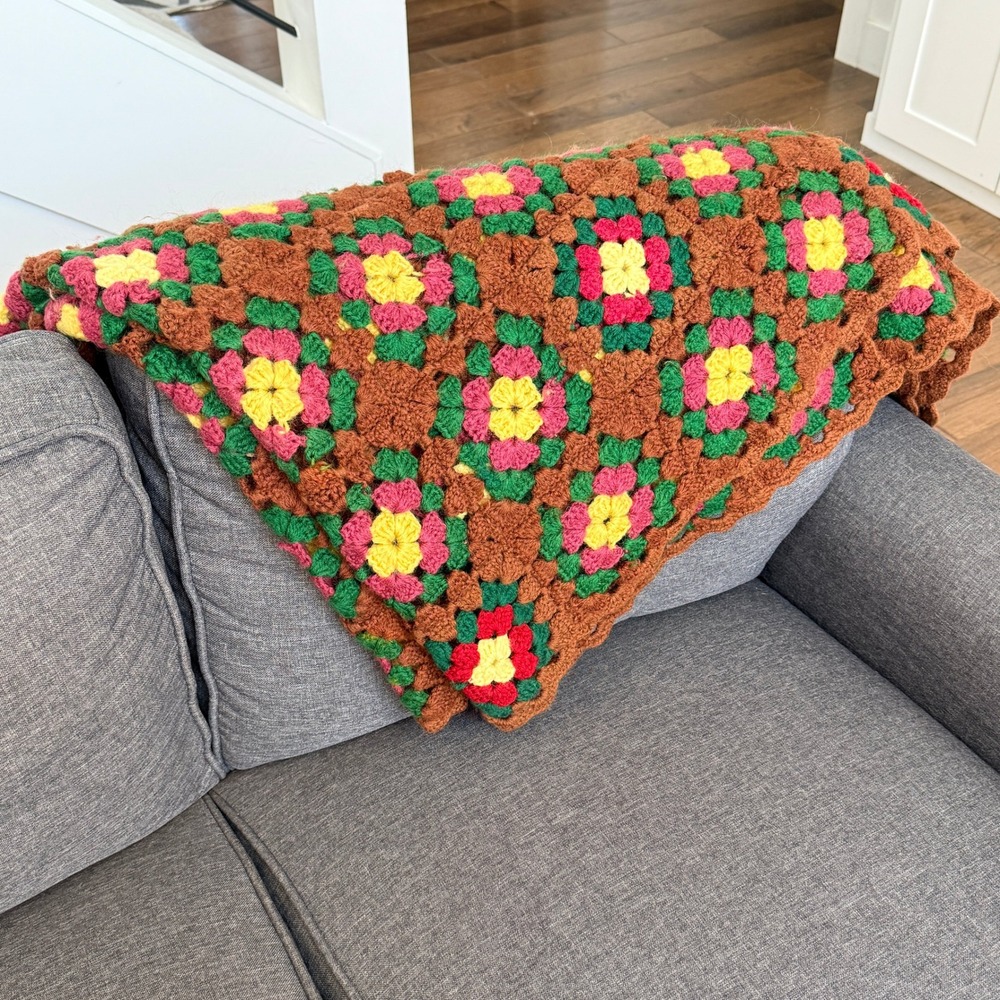 Handmade Afghan Blanket Vintage Granny Square Floral 72x53 Brown Crochet Throw